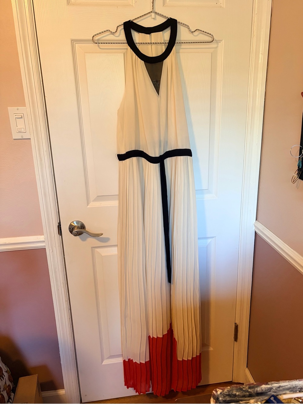 Cream choker Halter Maxi Dress with Black Trim and Red Hem - never worn